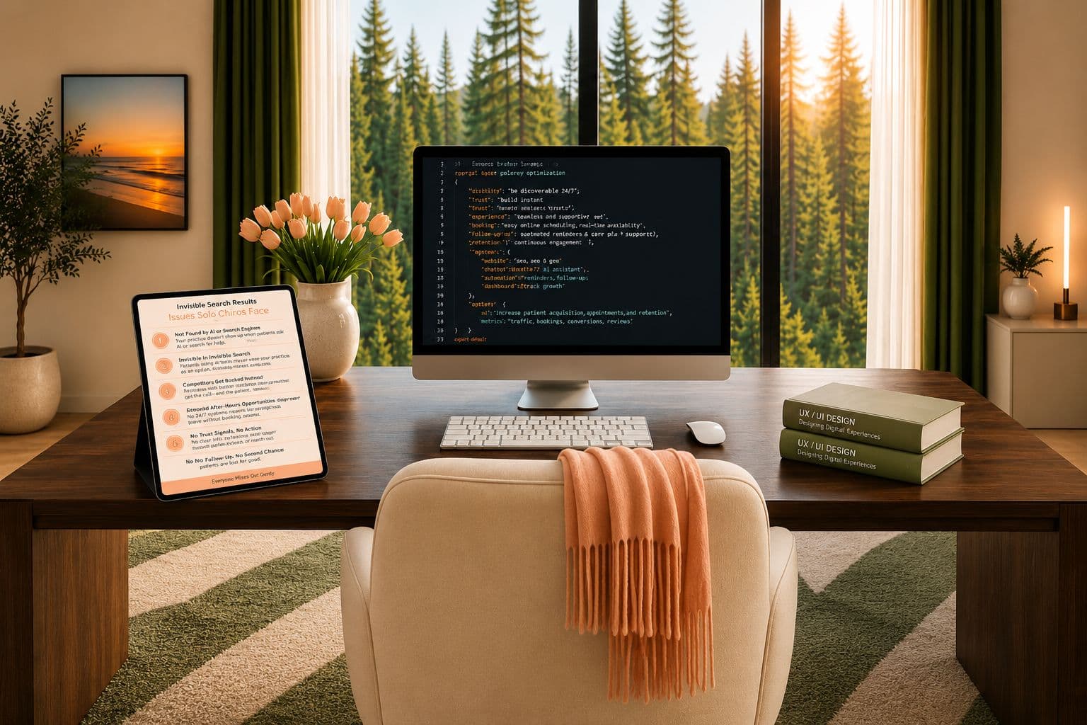 Tablet showing Invisible Search Results issues solo chiropractors face beside a desktop monitor displaying website optimization code
