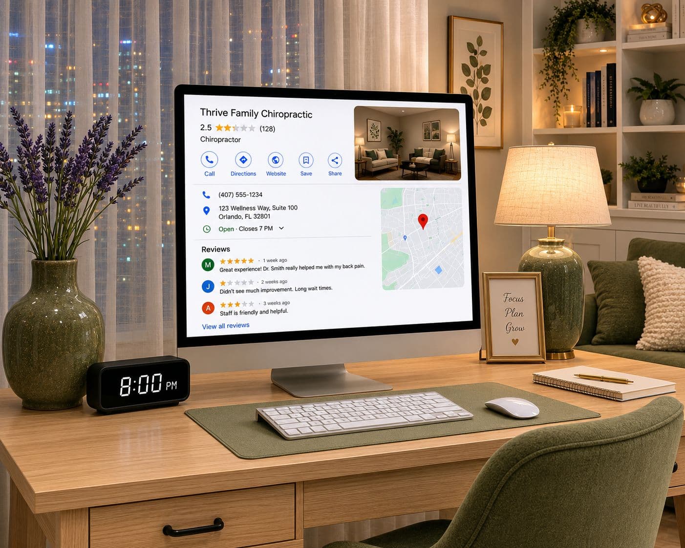 Google Business Profile with negative reviews on a desktop at 8pm