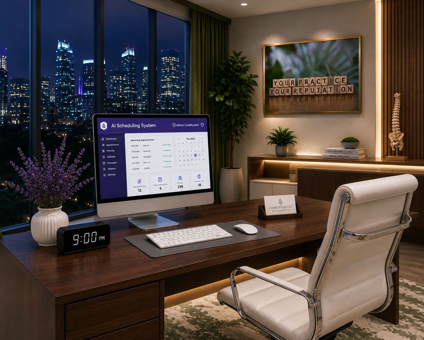 Chiropractor's office at night with AI scheduling system and Your Practice Your Reputation scrabble tiles