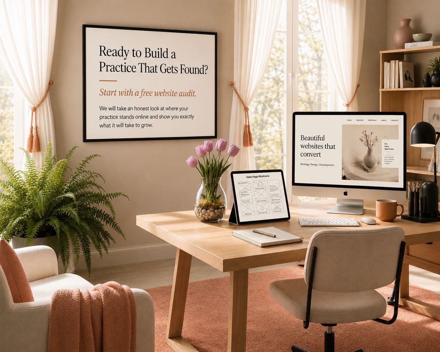 Web design studio workspace with sales page wireframe (includes asset from Pexels)