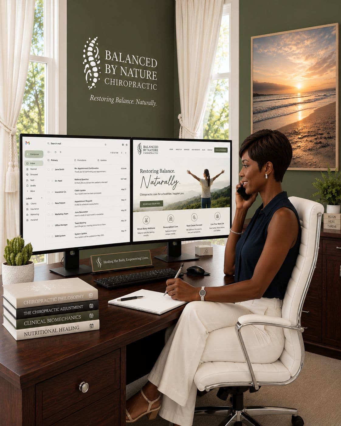 Chiropractor confidently managing her website and emails from her office