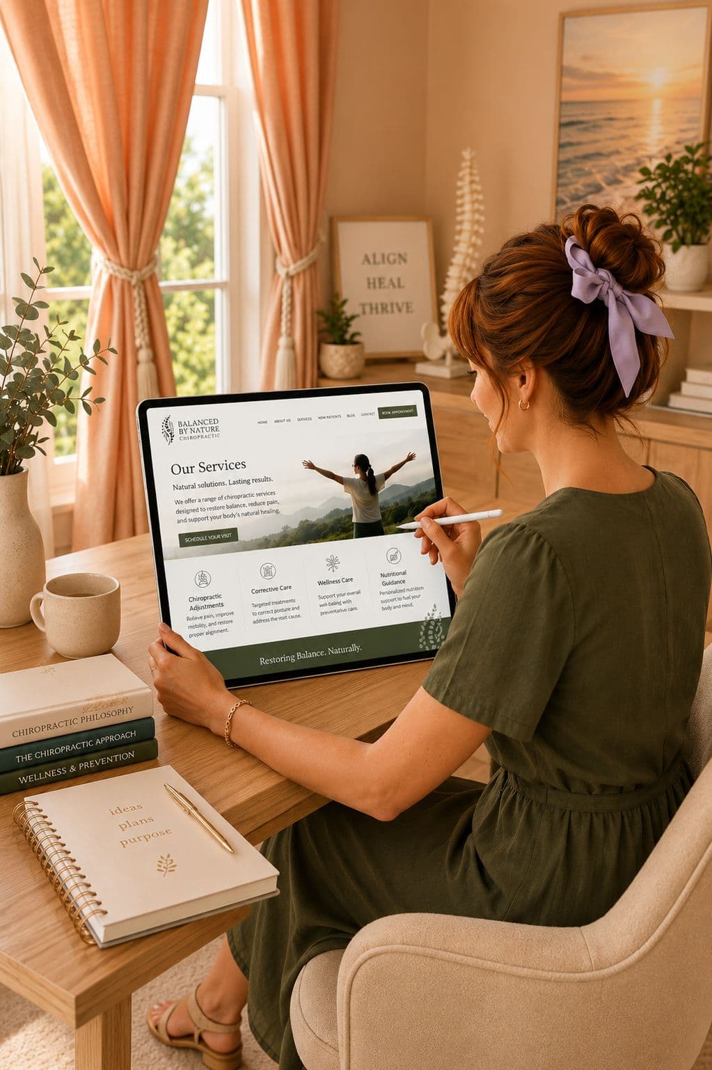 Website designer reviewing a custom chiropractic website design on her tablet