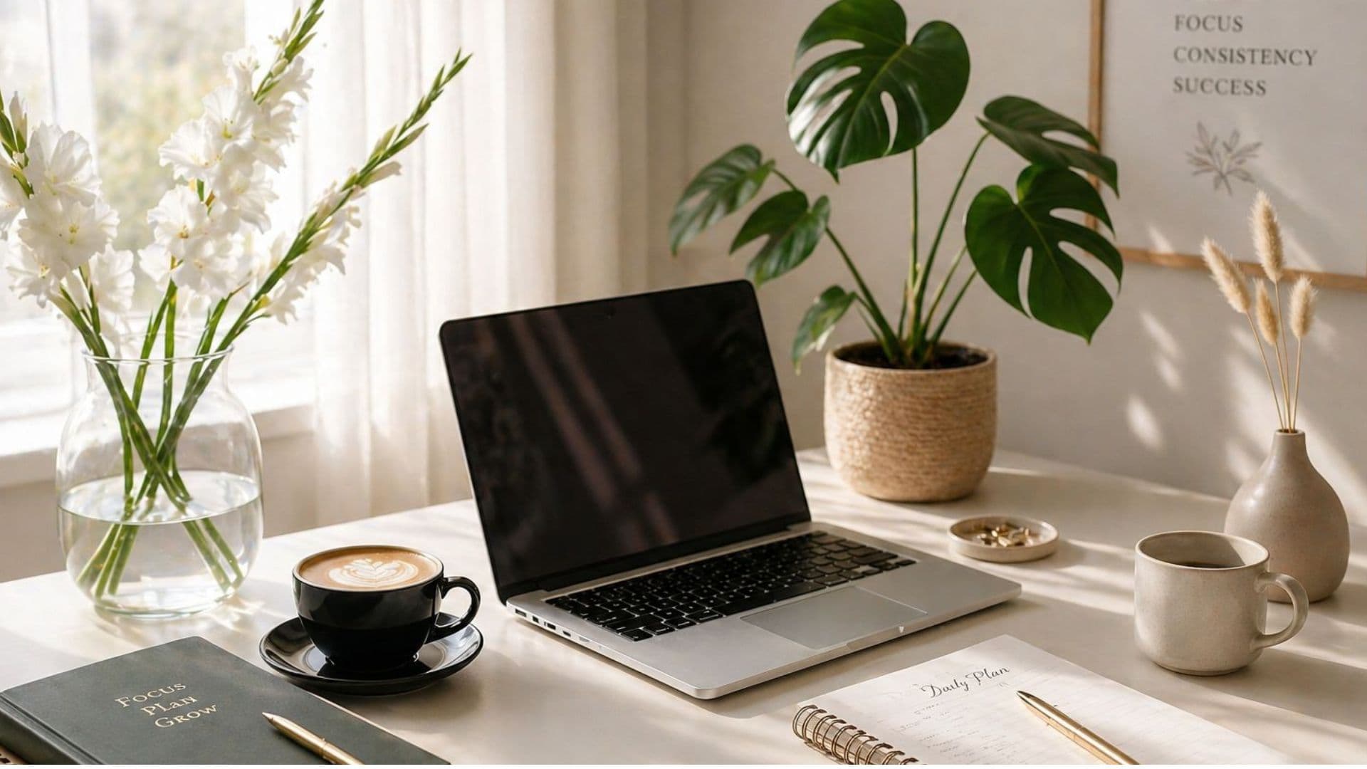 Warm office workspace with white flowers and coffee