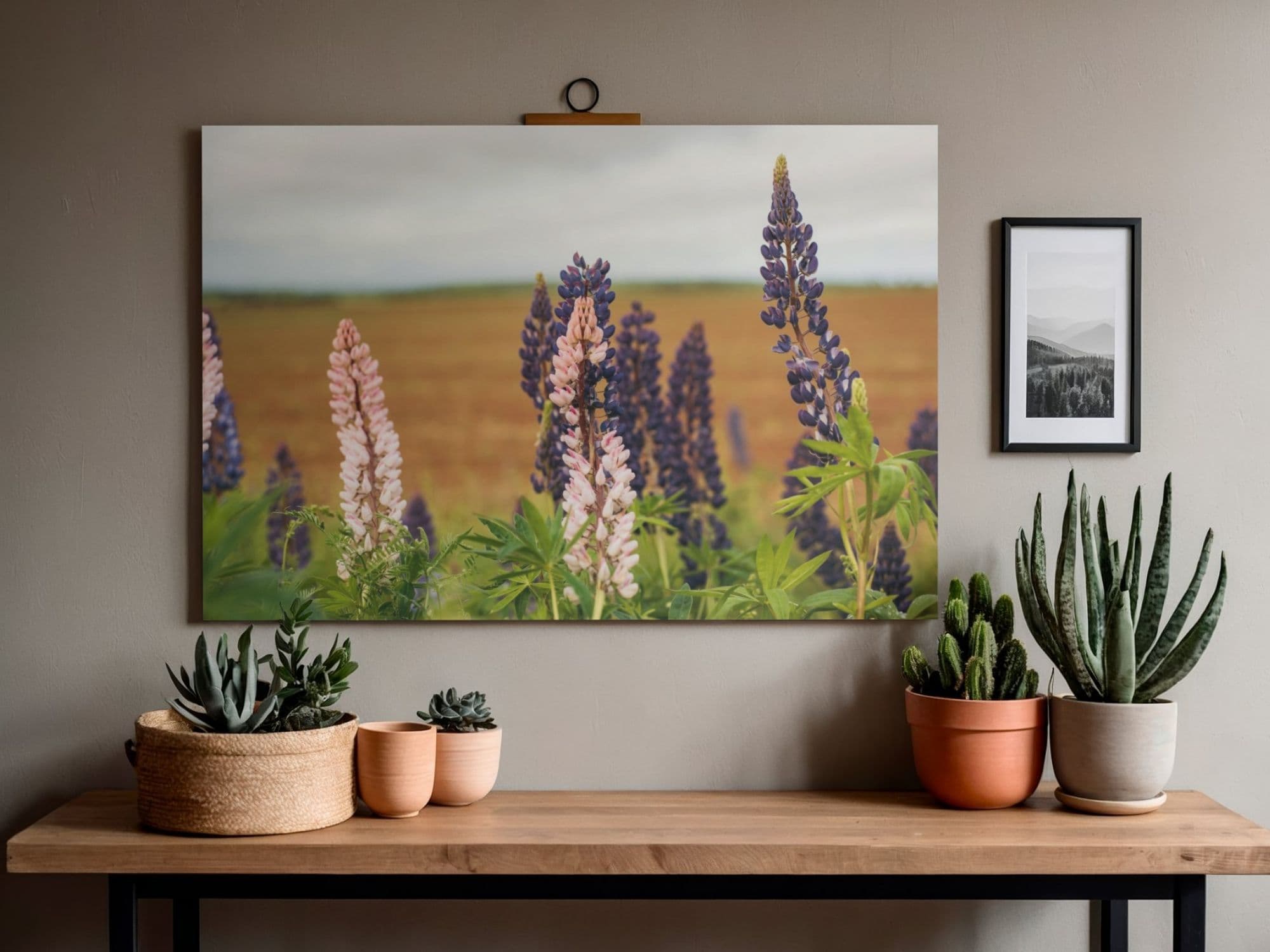 Entry table with plants and lupine flower artwork