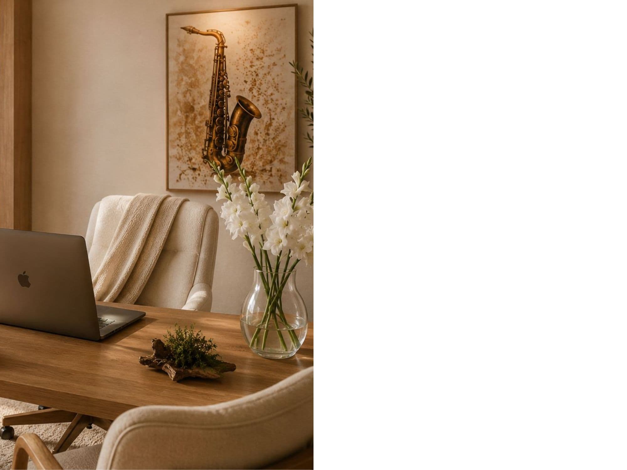Warm workspace with saxophone art and white flowers