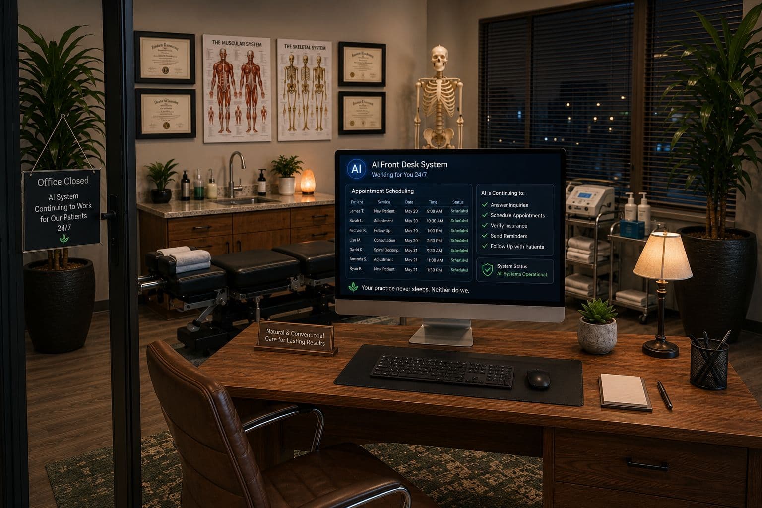 Chiropractic office after hours with AI system working for patients