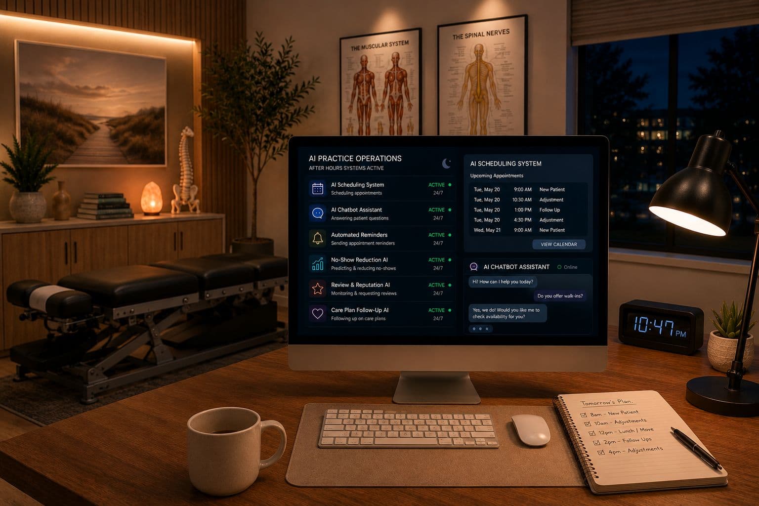 AI practice operations system showing scheduling, reminders and chatbot active after hours