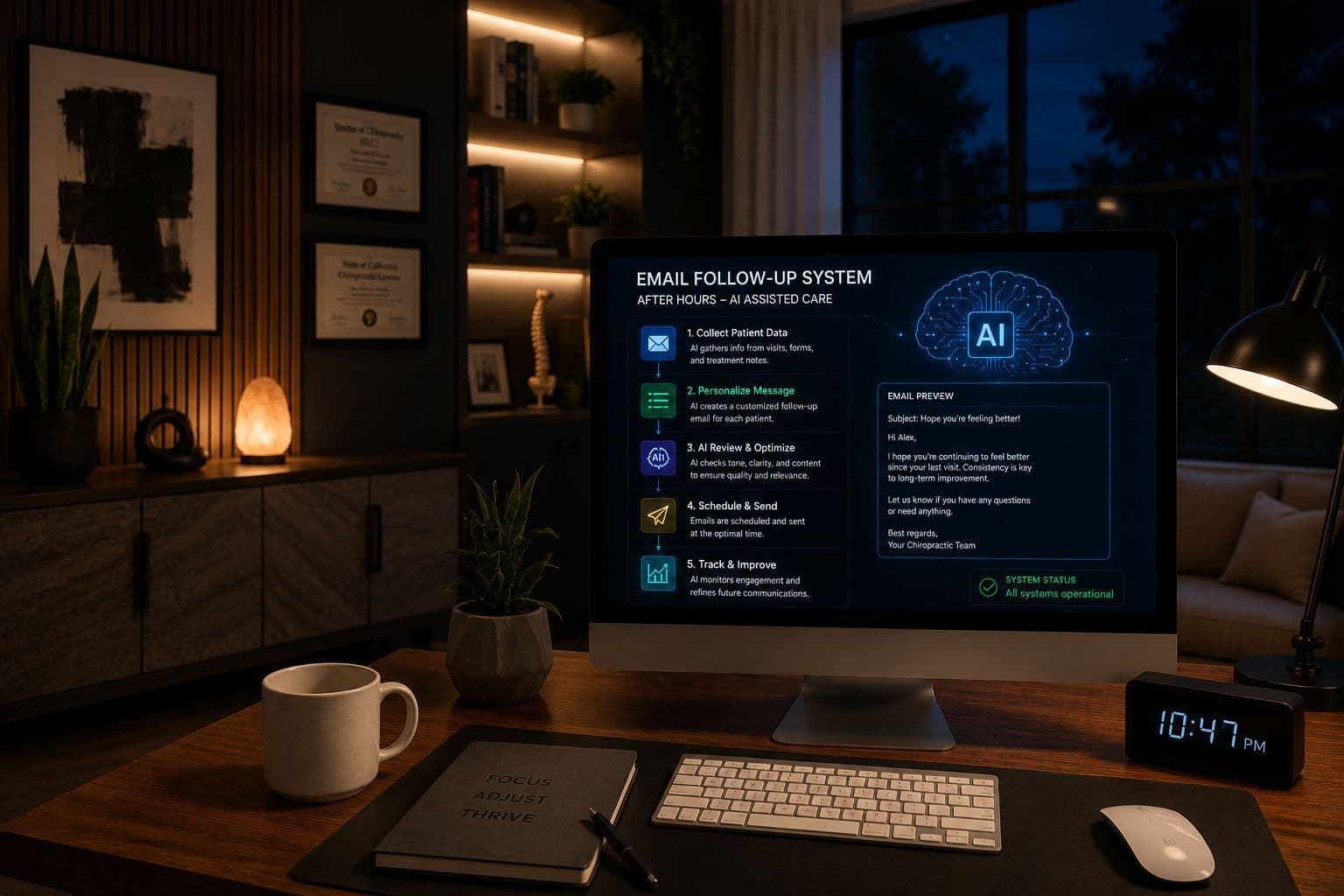 AI email follow-up system running after hours in a chiropractic office