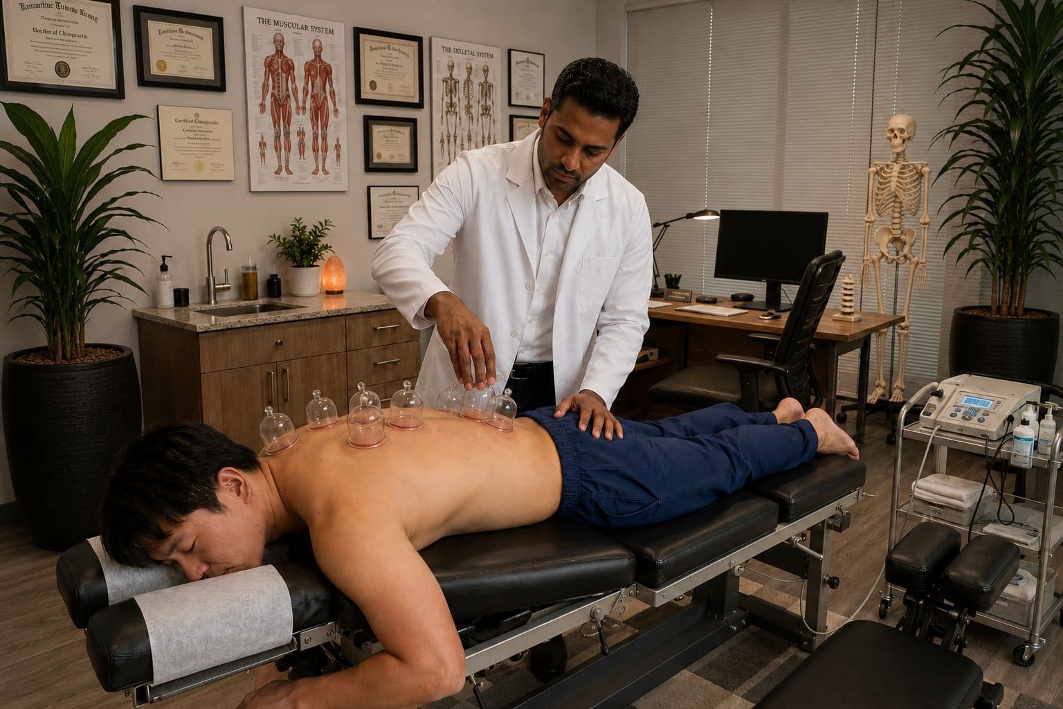 Chiropractor performing cupping therapy on a patient