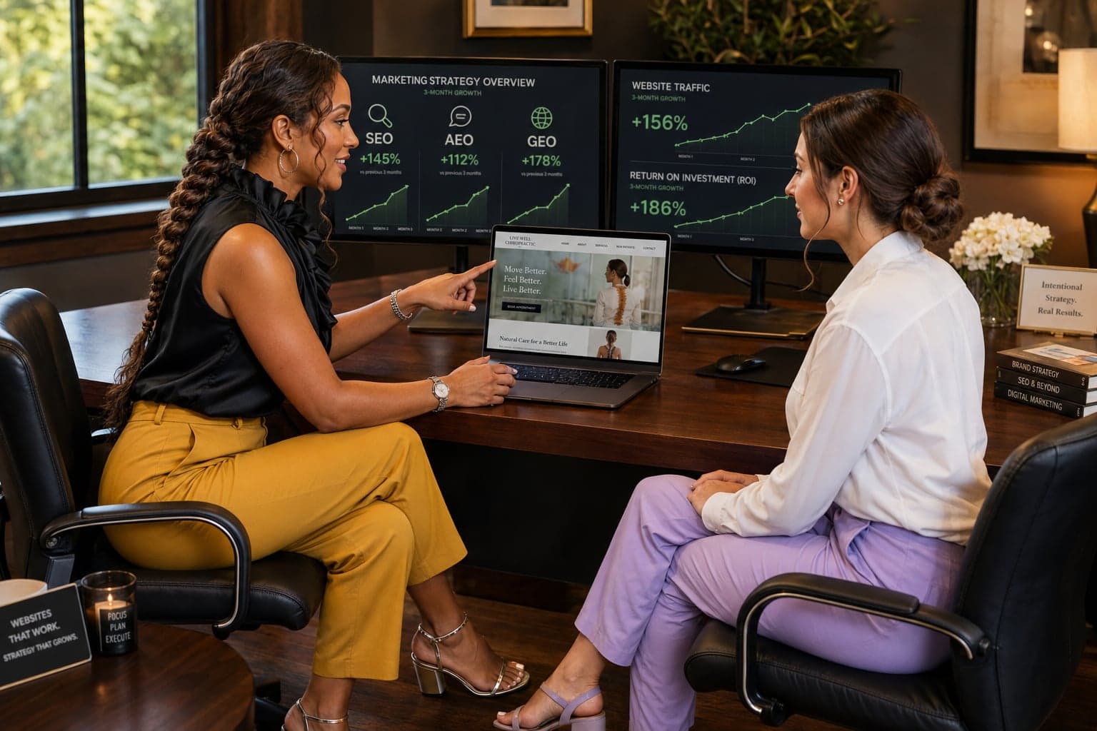 Web designer presenting a business growth strategy to a chiropractic client