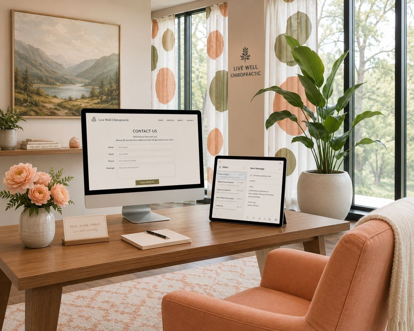 Chiropractic practice desk with website and inbox showing isolated digital tools
