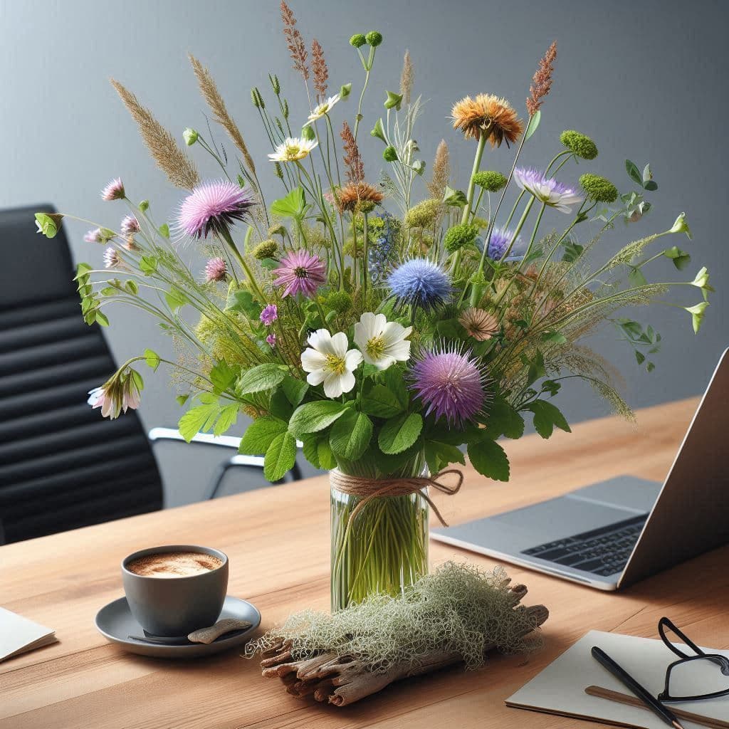Styled studio workspace with wildflowers, laptop, and coffee