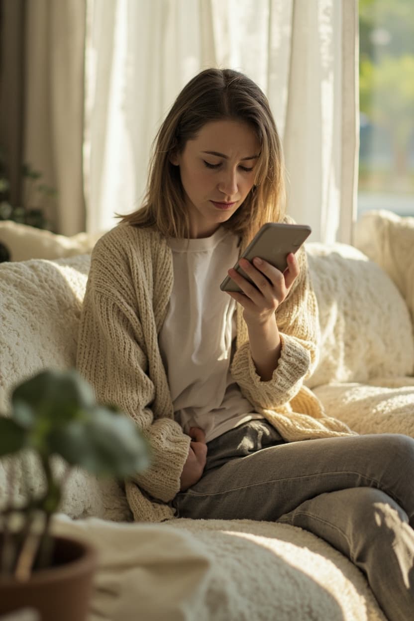 Brook sitting on her couch, calling NorthVill Chiropractic with lower back pain