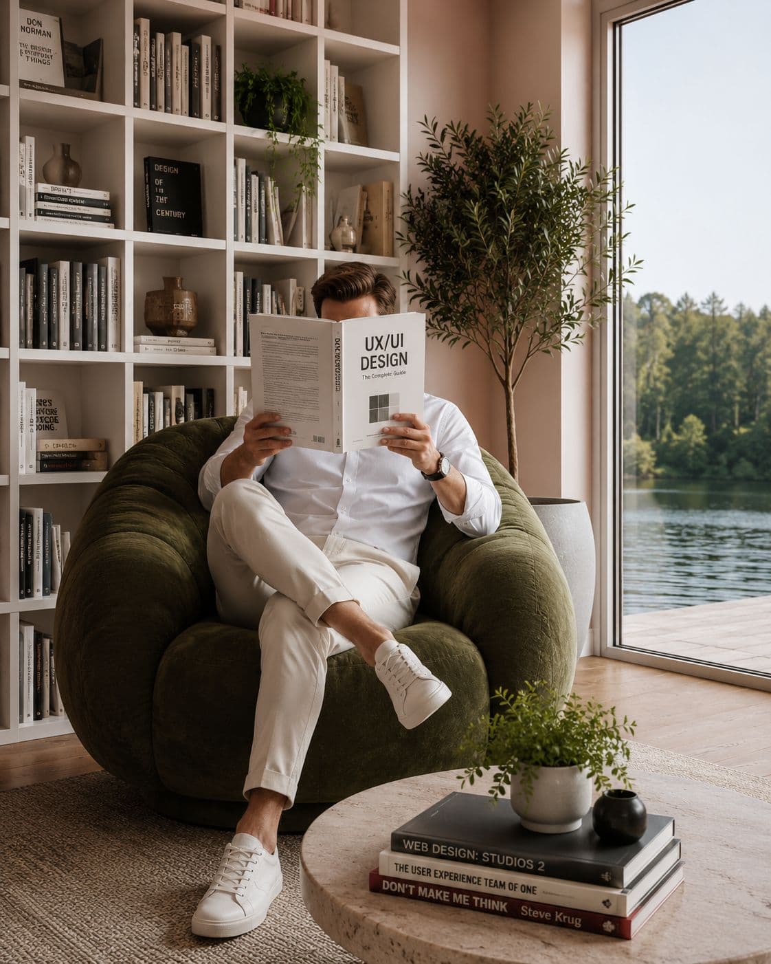 Person reading a UX design book in a moss green armchair