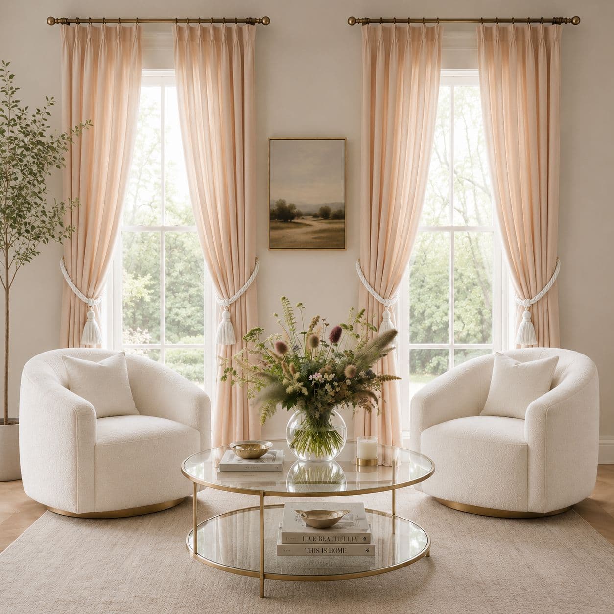 Elegant living room with peach curtains and wildflower arrangement