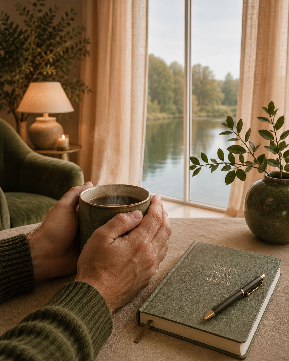 Hands holding a coffee mug beside a Focus Plan Grow notebook with a lake view