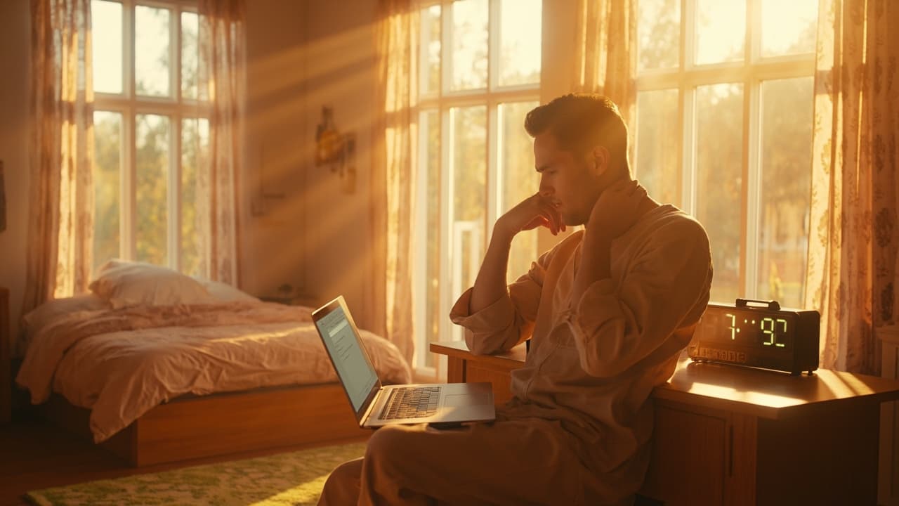 Marcus searching for a chiropractor for neck pain on his laptop in his bedroom at 9:30 AM