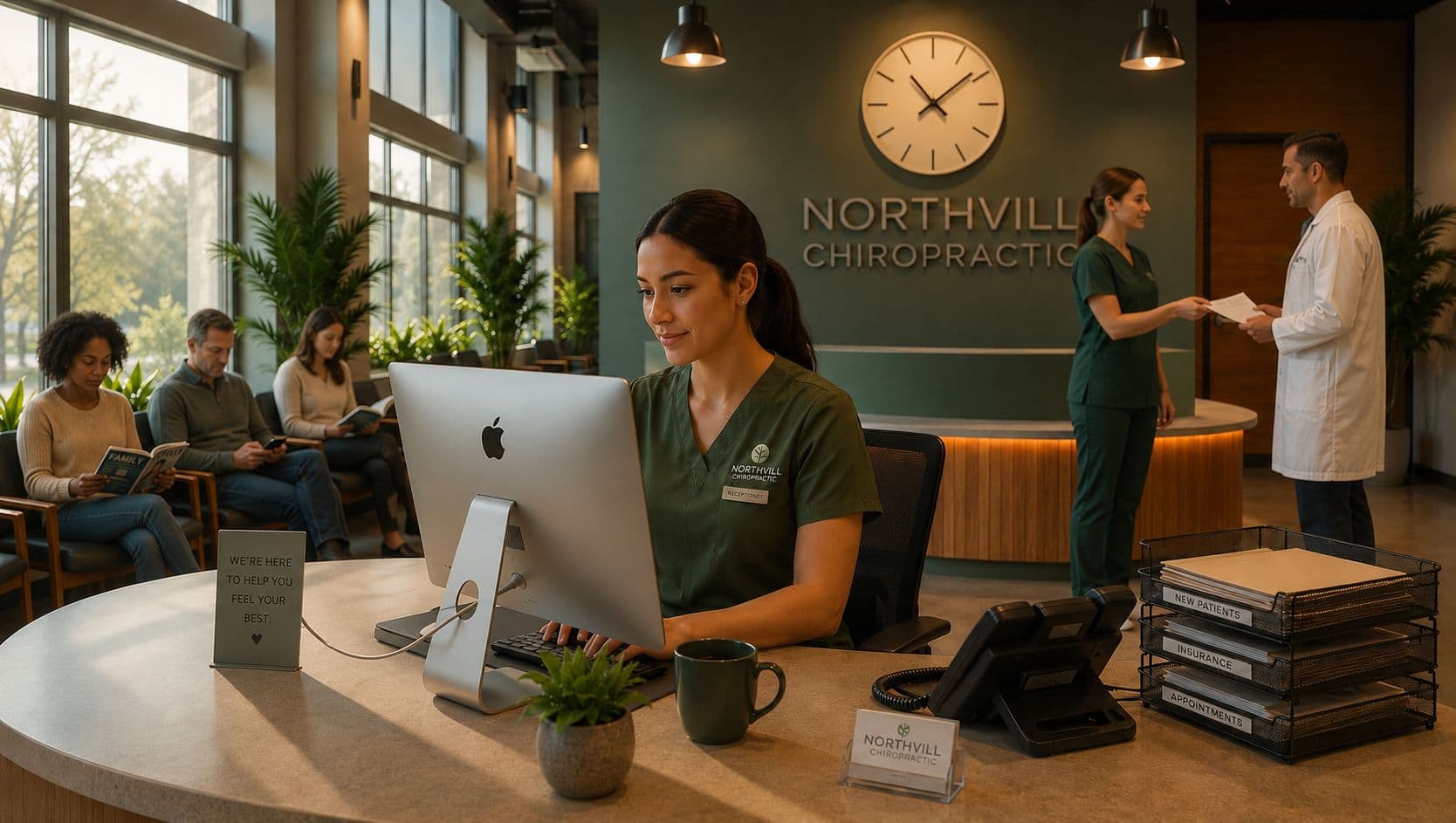NorthVill Chiropractic mid-morning: receptionist occupied at the computer while the AI answers the phone