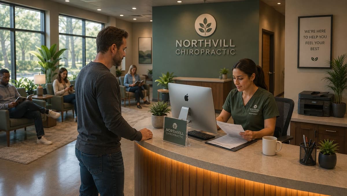 NorthVill Chiropractic front desk during the morning rush: receptionist busy with paperwork while a patient waits at the counter