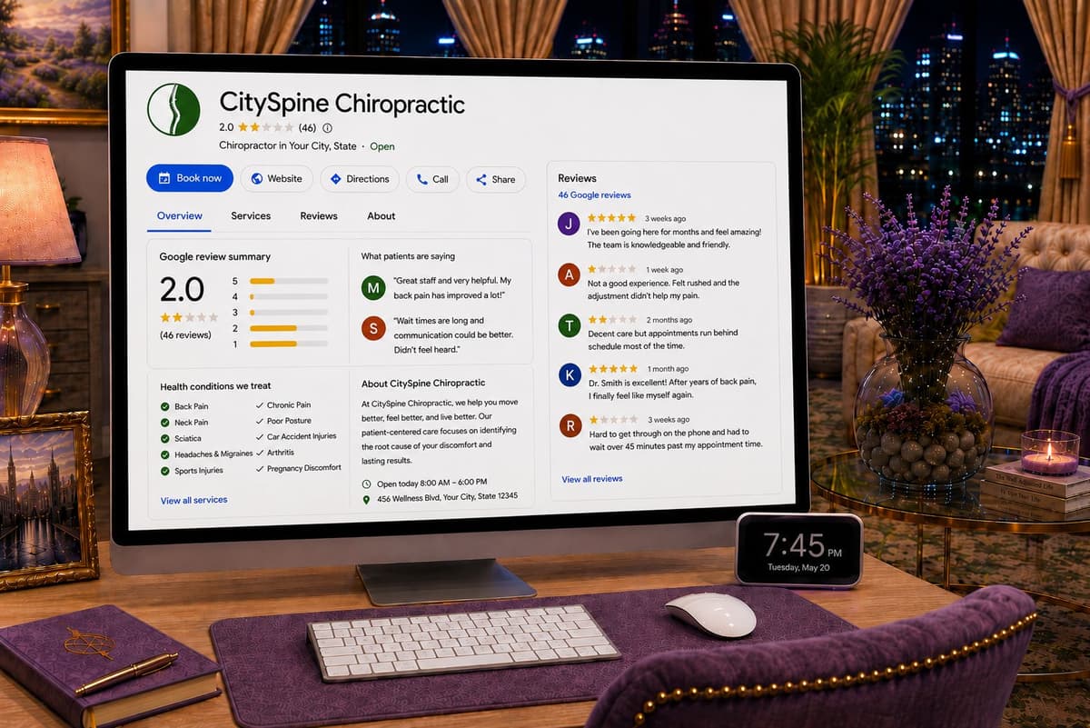 Chiropractic website that lacked clarity: conditions not listed, no credentials visible