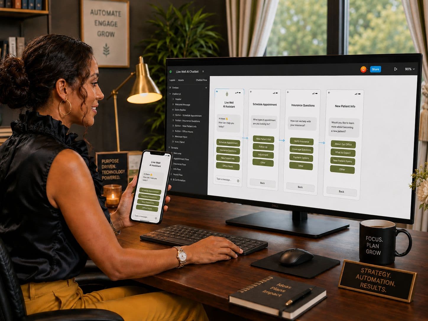 Website designer mapping out a chiropractic website and AI chatbot before building