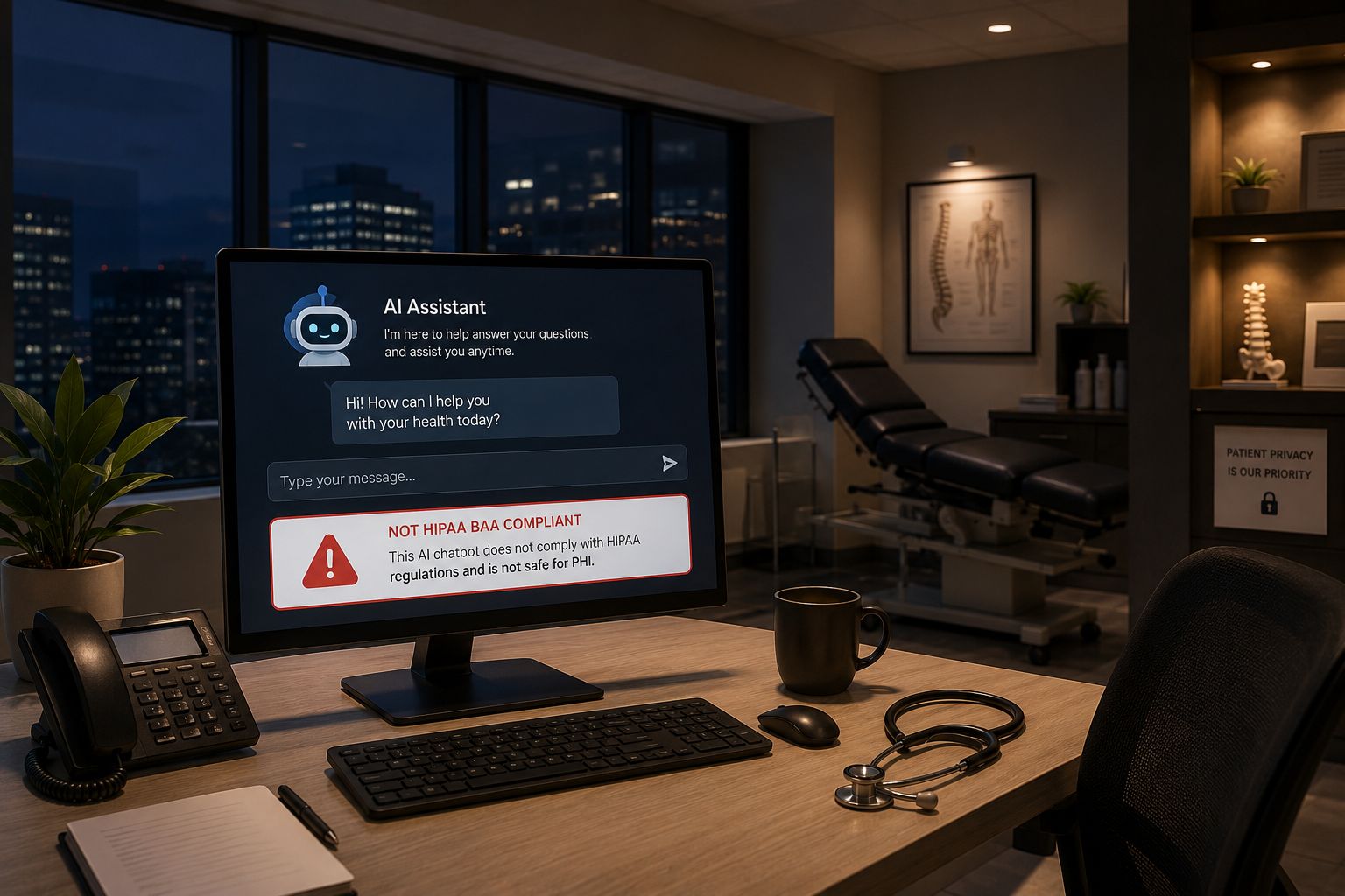 Non-compliant chatbot showing HIPAA BAA warning